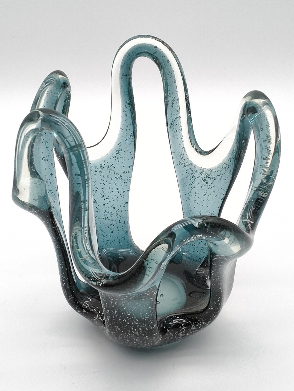 Vintage Hand Blown Art Glass Splash Vase Candle Holder Ombre Blue Sparkle MCM